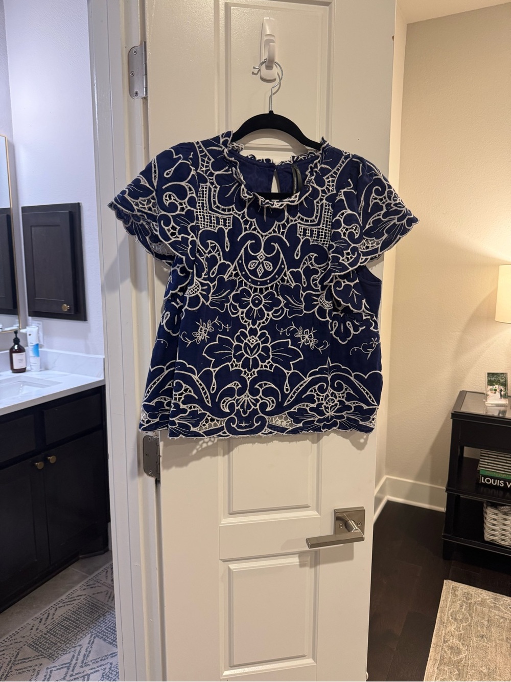 Anthropologie Navy Top with Cream Floral Embroidery